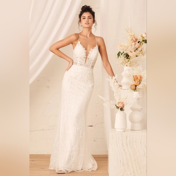 Lulus Luxe Bridal Wonderstruck Glitter Lace-Up Embroidered Lace Maxi Dress Bride - Picture 2 of 12